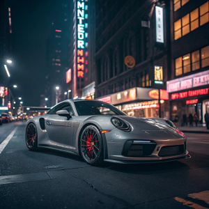 A stunning Gray Porsche 911 Turbo S with silver paint job and red wheel accents. The vehicle is parked under neon lights in a bustling city night scene.