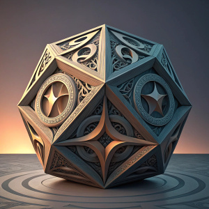 Digitally rendered geometric sculpture inspired by *DarkSiders Genesis*. The design features interlocking shapes with sharp angles and flowing curves, set against a gradient background.