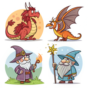 A collection of imaginative game sprites featuring mythical creatures. Each sprite is illustrated with bold outlines and vibrant colors, showcasing a unique blend of fantasy elements.