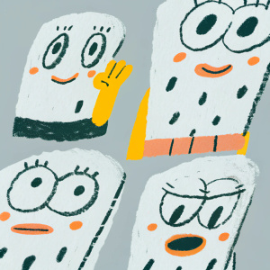 Digital illustration featuring 3D renderings of SpongeBob SquarePants character Squidward in various poses and expressions. Character design: simple, cartoonish, predominantly white. Dark grey background