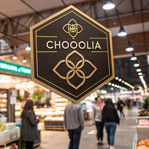 In the heart of a bustling marketplace, the logo of Choola, a luxury brand, gleams brightly. Its golden, intricate emblem, a hexagonal weave of gold and shadow, topped with the bold, shimmering script 'CHOOOLIA', stands out against the vibrant, chaotic backdrop. This emblem, a symbol of opulence and sophistication, draws eyes and admiration from all around.