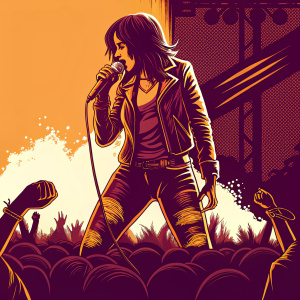 Camila Cabello at a gritty club, dressed in a leather jacket and ripped jeans. She's on a dimly lit stage, surrounded by a throng of adoring fans, singing into a worn microphone.