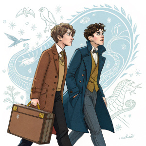 Fan art illustration of Newt Scamander and Jacob Kowalski from Fantastic Beasts series. Characterized by intricate costume details and facial expressions, set against a whimsical backdrop.