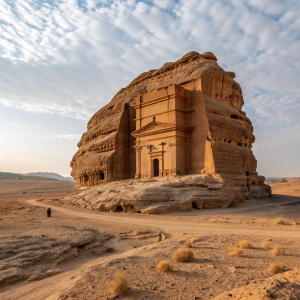 The towering Qasr Al Farid, a solitary tomb carved into the rocky cliffs of Madain Saleh, Saudi Arabia.