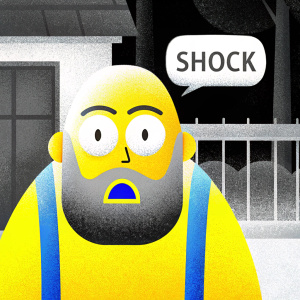 Cartoon character: A bald man with a round face, wearing a concerned expression, large wide-open eyes, a frowning mouth, and a thick brown beard. He stands in front of a speech bubble indicating shock.