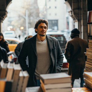 James Franco, wearing a grey v-neck sweater and dark blazer, at a book signing. Behind him is a bustling city street, colorful and vibrant.