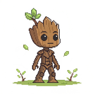 Blocky, simplified pixel-art design of Groot, iconic character from Marvel Comics.