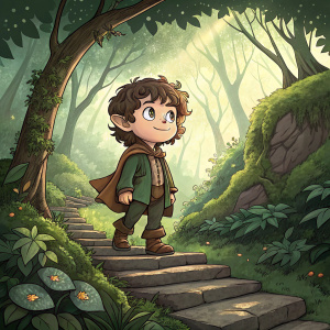 Frodo, the cartoon character from The Lord of the Rings, standing confidently on stone steps. Green forest surrounding him, detailed foliage in the background.
