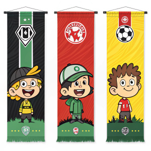 Illustrative banners for FC Kickers Pufendorfer Berlin e.V., featuring cartoon characters representing various teams from Verband für Freizeit-Fußball e.V. Kreisliga A - Staffel 2. Vibrant colors of black, green, red, and yellow. Each character has unique facial expressions and accessories.
