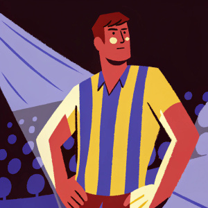 Close-up shot of Gerard Moreno, wearing a blue and white striped jersey with Atletico Madrid logo. Stadium lights creating a dramatic effect around him. Crowd blurred in the background.