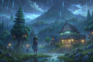 Hayao Miyadzaki anime universe horror, scary, rain, mist, mountain, forest, fields, a lot of characters, thousands characters