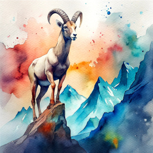 A stencil-style illustration of a mountain goat climbing a peak with bold lines and minimal details, against a splattered ink background. Art style: Banksy, punk art, intricate details.