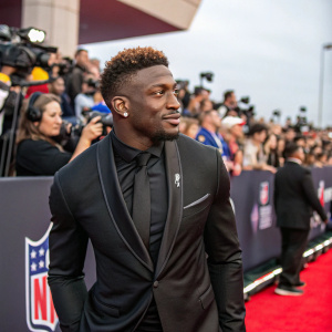 DK Metcalf, in a sleek black suit, is seen at a NFL Awards Ceremony. The background is filled with excited fans and flashing cameras.