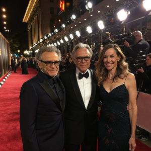 Harvey Keitel, Roman Keitel, and Daphne Kastner at the premiere party for 'The River.' Lavish red carpet event with flashing cameras and crowd.