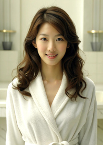 1girl, 20-year-old Korean actress Suzy, with medium curly brown hair, wearing an open white bathrobe, luxurious bathroom: 1.1, half body to navel: 1.2, collarbone, 45° face looking at the audience, ((turbulent)), (( Perfect body proportions)), ((full body view: 1.5)), grin, deep shadows, Weiss Anderson style, <lora:DetailedEyes_xl_V2:1>, chest: 1:2, ((ultra high resolution))<lora :neg4all_bdsqlsz_xl_V7:1>, (Super delicate oval face)), ((Beautiful eyes with long eyelashes)), ((Real quality)), ((L