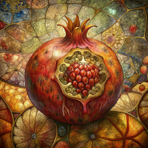 a painting of a pomegranate, digital art, by Anne Rigney, Alexander Sigov, fine art, intricate textures, hd mixed media collage, seams, etsy, digital art - w 640, abstract figurative art, pyrography, arabian art, battered, brocade, trending on deviantarthq”, she is a gourd, a radiant