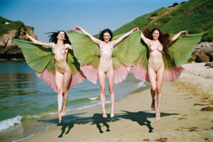 Three flat women fly over the rocky fkk beach because they have bird wings and their bodies flash under their long skirts.