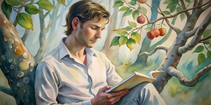 A realistic handsome guy in the woods, wearing shirt white chitoniskos, is sitting on a tree and reading a book, with a ripe apple in one hand