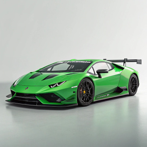Digital illustration of a Lamborghini Huracan GT3, green color, sleek design, on a gray background.