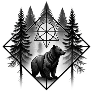 vegvisir runes geometric symbol - bear and trees - tattoo design - perfect realistic art - high-definition - grey and black - white background 