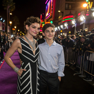 Carmen Bicondova and David Mazouz at a bustling Hollywood premiere. Carmen in a black and white dress with silver jewelry. David in a light shirt and dark pants. Neon lights and paparazzi in the background.