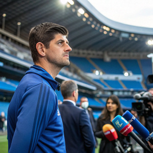 Thibaut Courtois, serious expression, in blue sports attire. Press conference background, outdoor stadium.