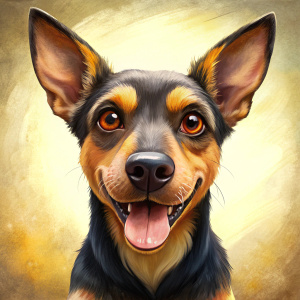 Perro CRIOLLO con rostro café oscuro y amarillito con negro sonriendo y las orejas paradas
