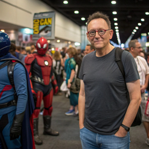 Michael Emerson at San Diego Comic-Con. He's in a casual t-shirt and jeans. The background is crowded with fans and cosplayers.