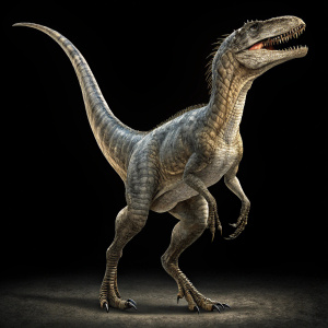 Digital art of Qianzhousaurus, a prehistoric dinosaur. Dynamic pose with long, slender body. Detailed texture and stark black background