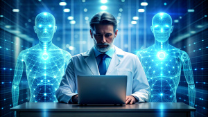  Medical technology, innovation health and medical research, healthcare and medicine concept. Doctor or technician working with AI data analysis, lab experiment, data science