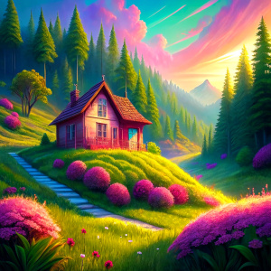 a lush green meadow, a small pink and golden house with one bedroom and a living room