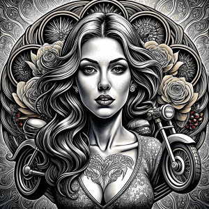 motorcycle club lady tattoo design - perfect realistic art - high-definition - grey and black - white background 