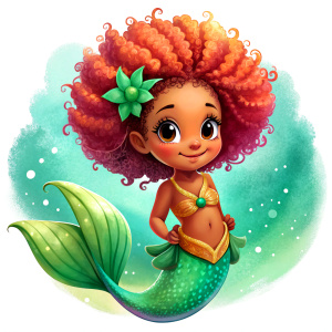 Afro little mermaid ariel, cartoon, high quality, cute image, transparent background 