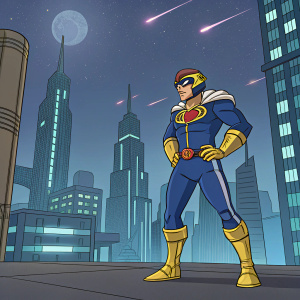 Cartoon illustration of Captain Falcon. Wearing sleek blue and gold outfit. Poses confidently in futuristic cityscape.