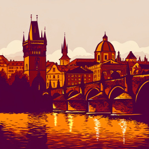 At dusk, the serene Vltava River flows beneath the majestic Charles Bridge in Prague. Illuminated ancient buildings and towering spires create a captivating cityscape. The sky is a mix of soft twilight hues.