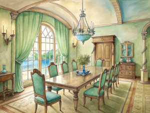 a sketch of a dining room