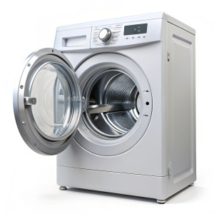 washing machine sideways, washing machine door open.