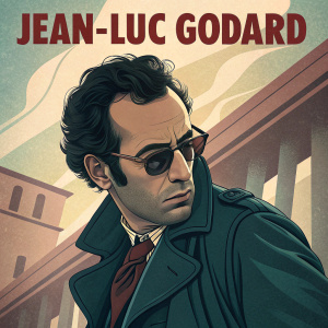 Poster for 'Godard' film featuring Jean-Luc Godard in dramatic pose. Dark locks, sunglasses. Bold title 'Jean-Luc GODARD'. Nostalgic color palette, muted tones.