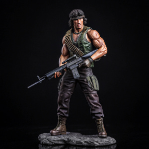 Highly detailed action figure inspired by the iconic character John Rambo. Armed with an M16 rifle and a pistol, set against a sleek, black backdrop.