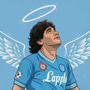 Illustration of Diego Maradona in cartoon style. Blue soccer jersey with Napoli's logo. Angel wings and halo floating above him. Bright blue background