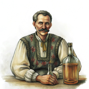 a young cheerful Ukrainian man in national clothes, a shirt with national embroidery, a short haircut and a long mustache. sitting in the house at the table. on the table is a large bottle of amber moonshine