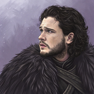 Digital illustration of Jon Snow from Game of Thrones. His face is illuminated with a serious expression. Dark hair and a stubble beard. The texture of his fur cloak is detailed. Purple background