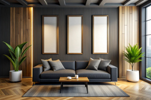 3 Mockup poster frame on the wall of living room. Luxurious black color apartment