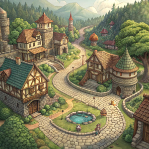 Interactive map of Hyrule Castle Town in The Legend of Zelda: Spirit Tracks. Medieval-themed environment with cobblestone streets, rustic wooden buildings, and a small pond.