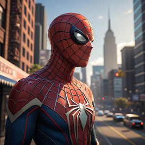 A 3D render of Spider-Man's face and upper torso, set against a vibrant cityscape background.