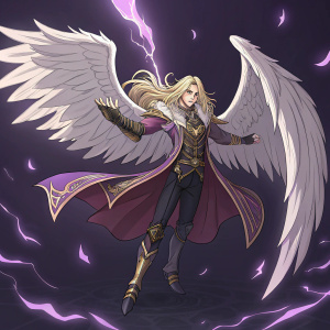 Digital illustration featuring Lucifer from Monster Strike, blonde hair flowing, striking pose with outstretched wings. Fantasy attire with intricate details. Dark background with glowing purple accents.