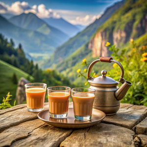 Nepali indian masala chai  2 desi glass chiski tea pot on table with natural environment 