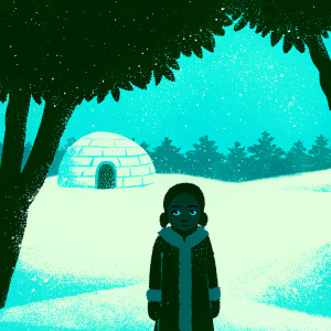 Katara from Avatar The Last Airbender in a winter scene. Snowy landscape with a traditional igloo visible. Pinkish sky