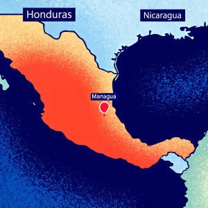 Interactive 3D map of Central America. Honduras and Nicaragua highlighted. Labels for various locations. Big red pin on Managua, the capital of Nicaragua.