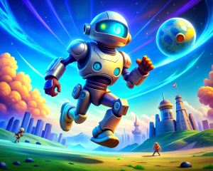 running,robot, round robot, war background